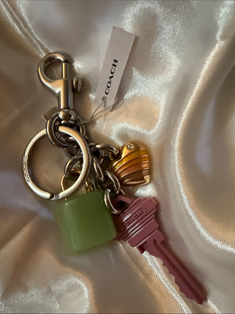 COACH Pink Key Charm with Green and Gold Accents Keyring